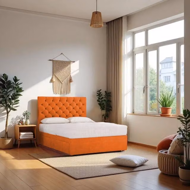 Knight Sleep Athens Plush Super King Bed Set in Orange with Hybrid Mattress and 2 Drawers