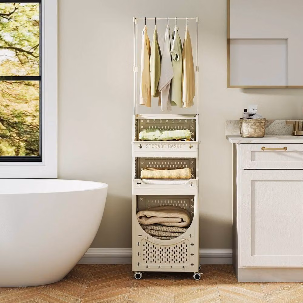 FORGEVIO 4-Tier Foldable Laundry Cart with Hanging Bar and 8 Hooks in Beige – 2