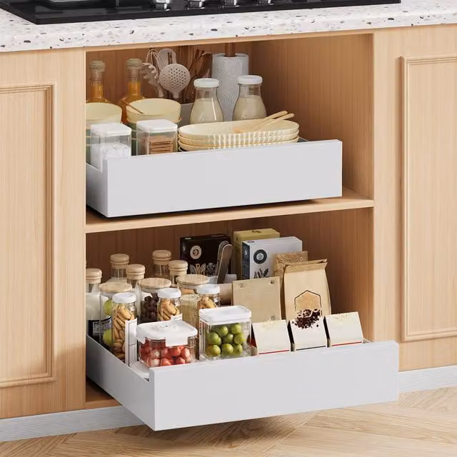 Livingandhome Metal Pull-Out Kitchen Cabinet Storage Rack Drawer Organiser in White