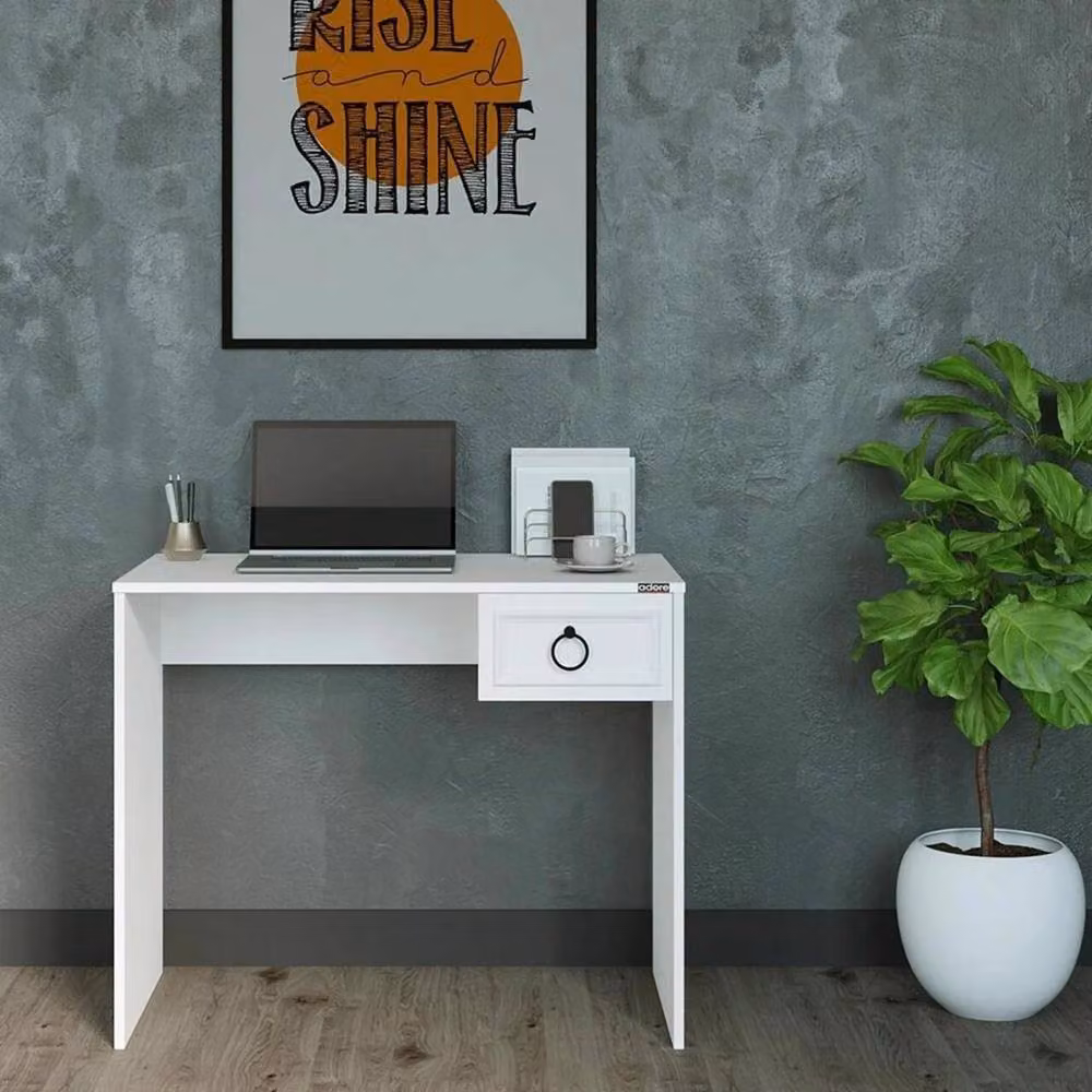 ERGOVEXA Modern Matt White Writing Desk with Single Pedestal and Metal Top Storage – 3