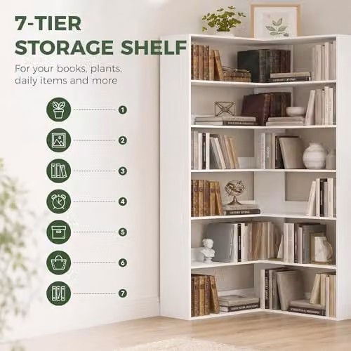 HOMCOM 7 Tier Corner Bookshelf in White Wood Effect, W/D/H: 90 x 90 x 180 cm – 3