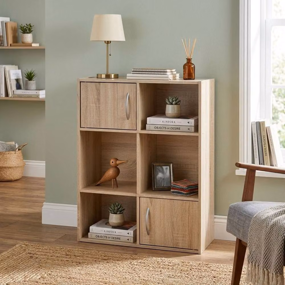 CALICOSY 6-Compartment Storage Shelf with 2 Doors in Light Brown, W/D/H: 61.5 x 29.5 x 80 cm – 2