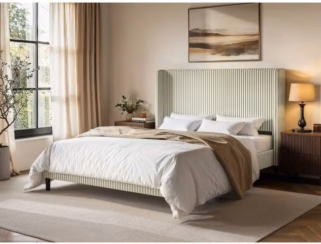 Solace+Co Jovanna Upholstered Bed with Winged Headboard in Green, W: 140 cm, L: 200 cm – 1