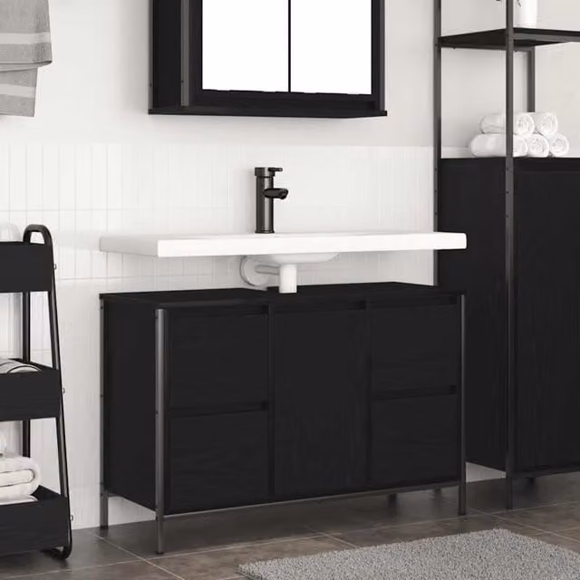 Berkfield Home Black Oak Basin Cabinet with Drawers, W: 90 cm, D: 34.5 cm, H: 60 cm – 1