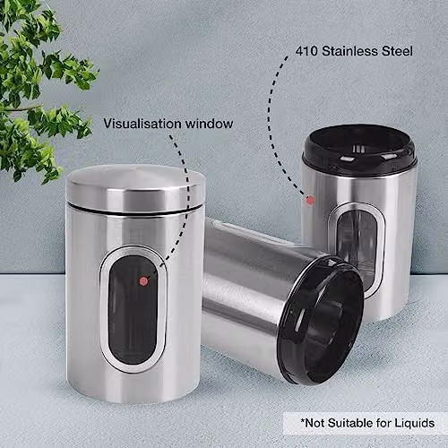 MantraRaj 3 Piece Stainless Steel Airtight Kitchen Canister Set in Silver and Black – 2