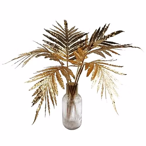 Leaf Design Modern Gold Palm Artificial Flower Display with Glass Vase