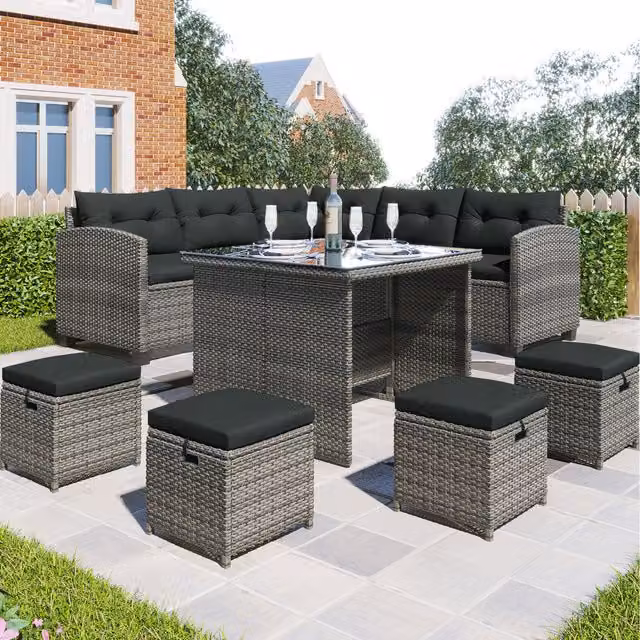Home Touch Interior 8-Seater Modern Rattan Patio Furniture Set in Grey and Black with Metal and Glass Details
