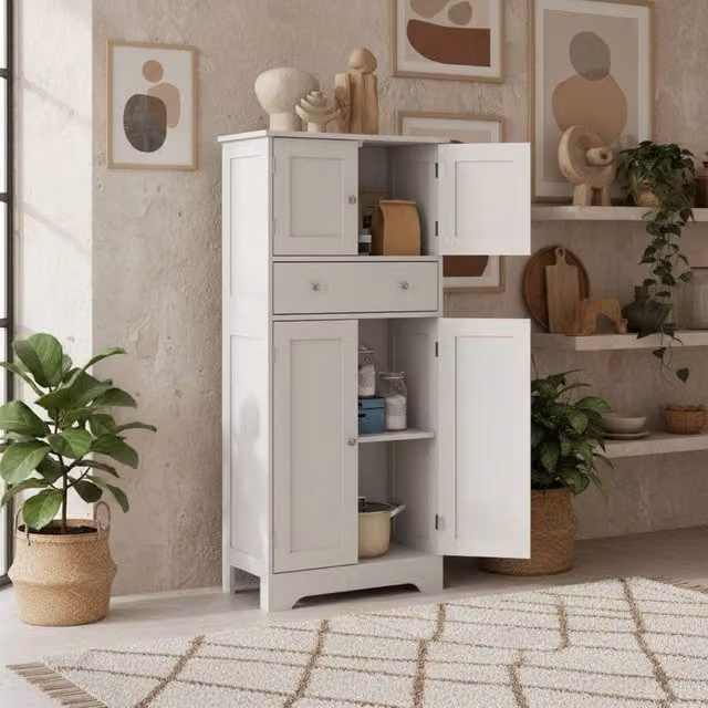 Wyld Haus Elne Vael White Freestanding Multi Storage Kitchen Cabinet with Hinged Doors and Drawers, W: 60.0 cm, D: 30.0 cm, H: 128.0 cm