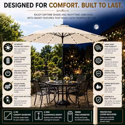 GlamHaus Tilting Garden Parasol with Solar LED Lights and Protective Cover, Beige – 3