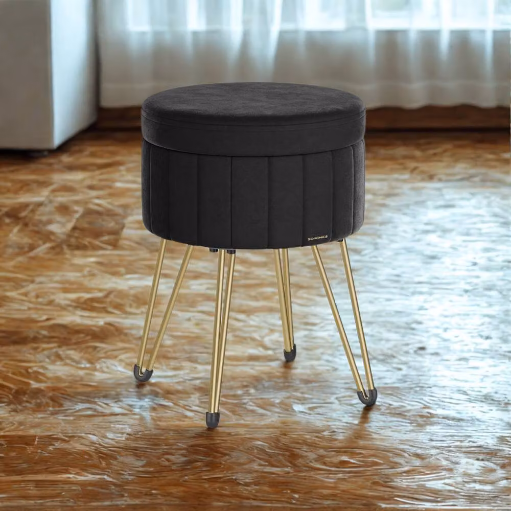Pirlo Plush Velvet Round Ottoman Footstool with Storage in Black – 2
