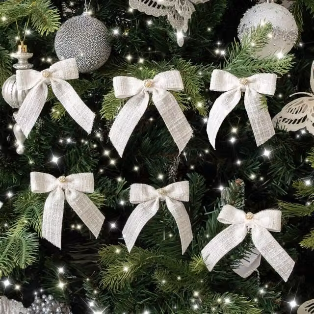 Melody Maison Set of 6 White Tartan Boucle Jewelled Christmas Bow Hanging Decorations – 1