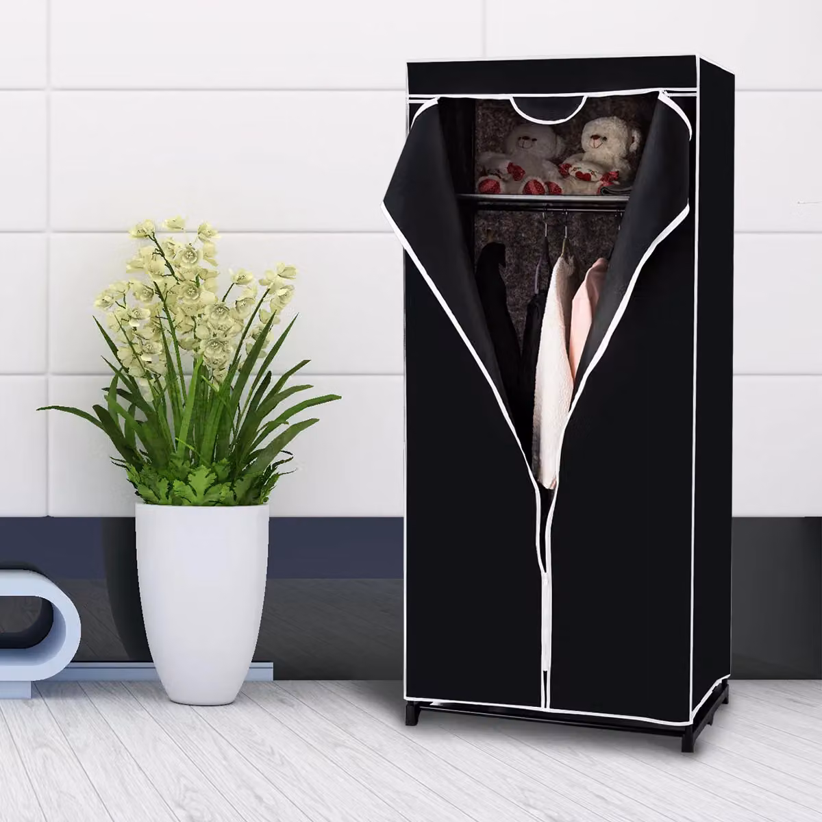 Costway Single Fabric Folding Wardrobe with Hanging Rail and Zippers in Black – 4