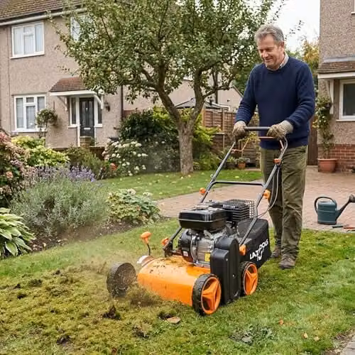 Ark Mat Petrol Lawn Scarifier and Raker in Orange, 212cc 4-Stroke Engine, 420mm Working Width, 2-in-1 Garden Aerator with 45L Collection Bag and Metal Deck – 3