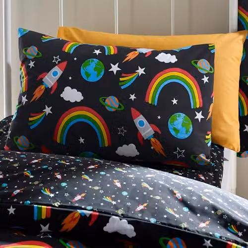 Catherine Lansfield Rainbow Rockets Reversible Duvet Cover and Pillowcase Set, Black and Multicolour, W/D/H: 135 x 200 cm and 50 x 75 cm – 6