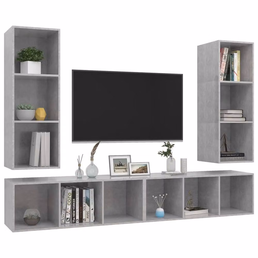 Berkfield Home Set of 4 Wall-mounted Living Room TV Cabinets in Matt Concrete Grey MDF – 2
