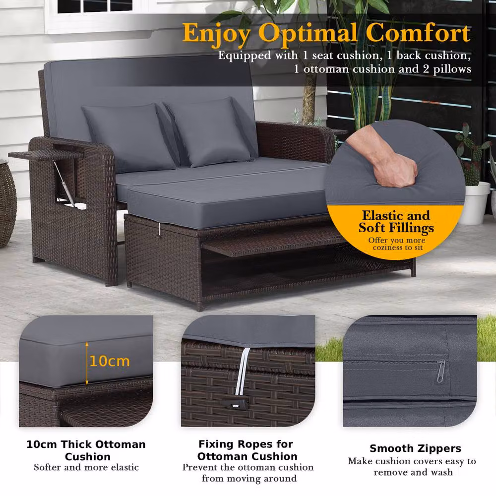 Costway Grey Polyrattan Patio Daybed Set with Loveseat Sofa, Ottoman and Side Tray – 8