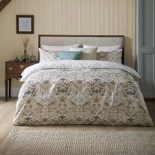 William Morris At Home Strawberry Thief Reversible Cotton Mako Satin Duvet Cover and Pillowcase Set in Blue, Beige and Multicolour Floral Design