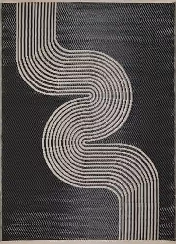 THE RUGS Urban Collection Outdoor Rug, Wave Design, Black and Beige, W: 90 cm, D: 150 cm – 3