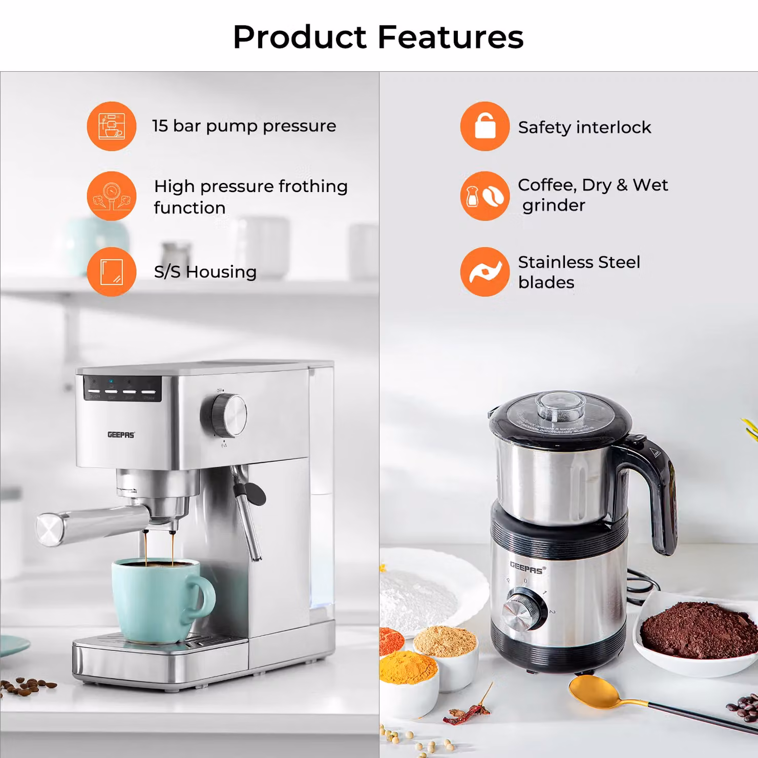 Geepas 1450W Espresso and Cappuccino Coffee Machine with 450W Coffee Grinder Combo Set in Metallic Silver – 2
