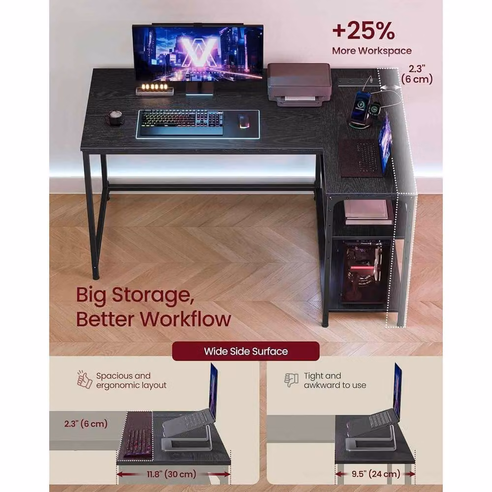 The Bazaarist L-Shaped Corner Computer Desk with Power Outlets in Jet Black – 4