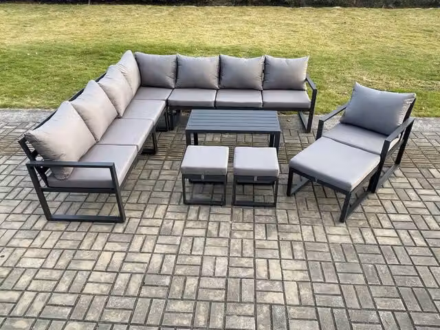 Fimous Modern L-Shape Aluminium Outdoor Garden Furniture Set in Dark Grey with Corner Sofa, Oblong Coffee Table and 3 Matching Ottomans