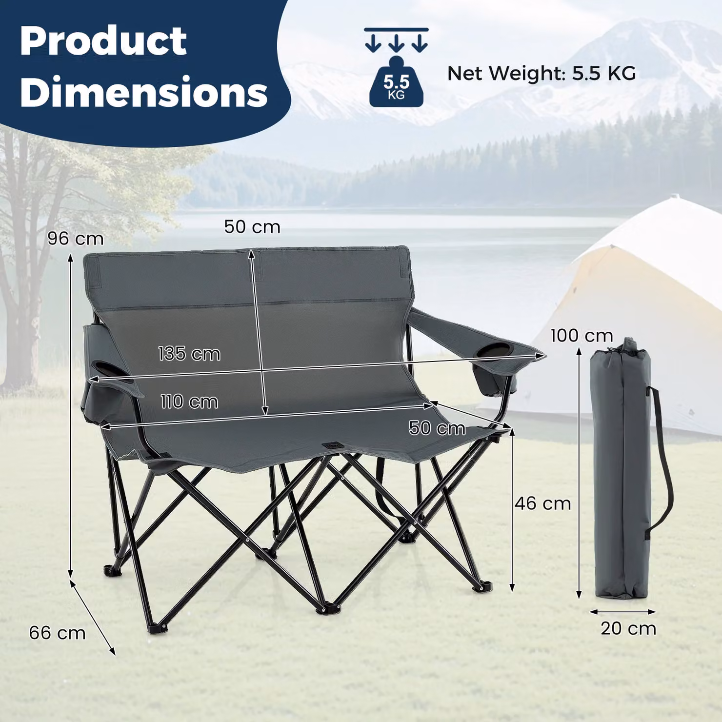 Gymax Oversized Double Camping Chair for 2 Adults in Grey with Metal Frame and Cup Holders – 2