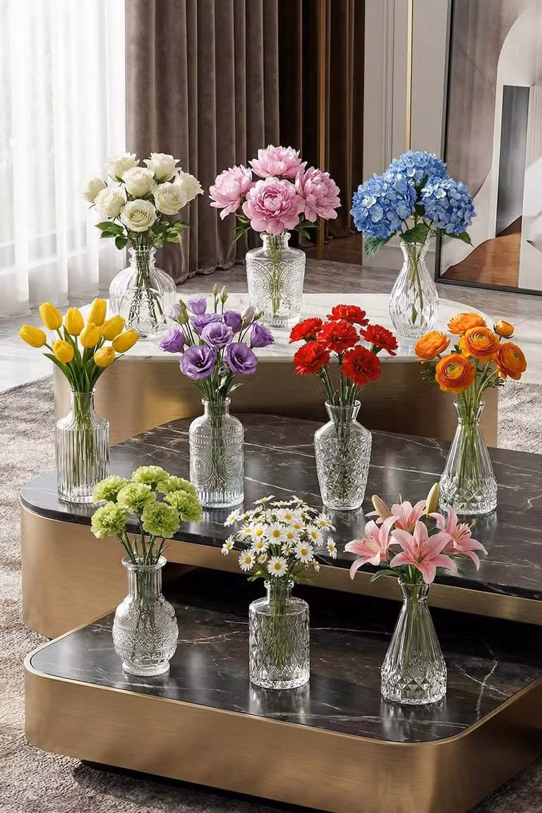 Living and Home Pack of 10 Small Vintage Geometric Glass Bud Vases in Transparent