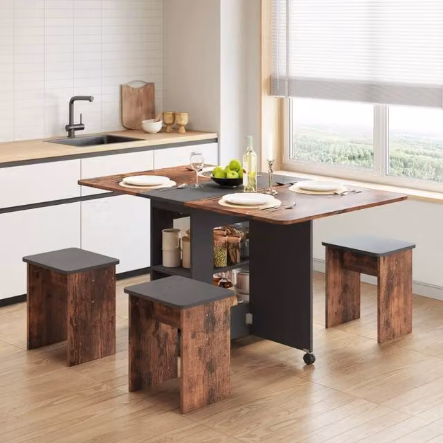 EONLION Rustic Brown and Black Dining Table and 4 Chairs Set, W: 100 cm, D: 80 cm, H: 75 cm