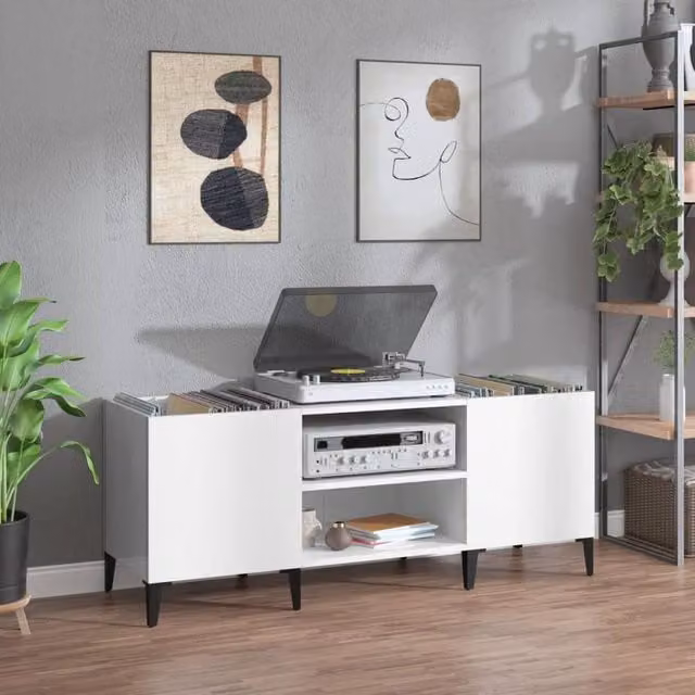 Berkfield Home Record Cabinet in High Gloss White, W/D/H: 121 x 38 x 48 cm