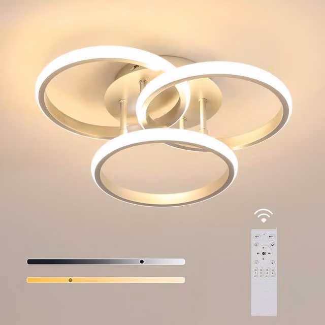 Pheashine Silver 3 Interlocking Ring LED Ceiling Light, 42W Dimmable, 3000K-6500K CCT