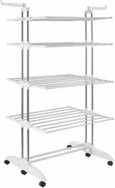 tectake Odelia Tower-Style Drying Rack with Wing Arms and Wheels in White and Multicolour