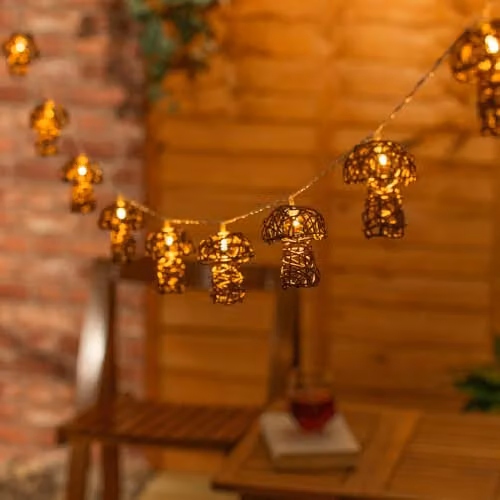 ValueLights Mushroom Rattan Battery Operated Outdoor Garden String Lights in Brown with Warm White LED – 3