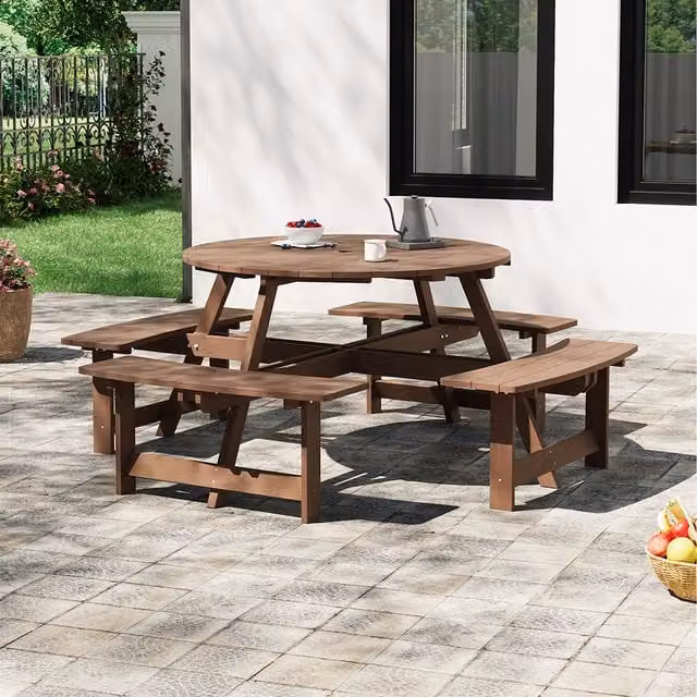 Breeins Round Treated Hardwood Garden Table and Bench Set in Brown, Diameter: 108 cm