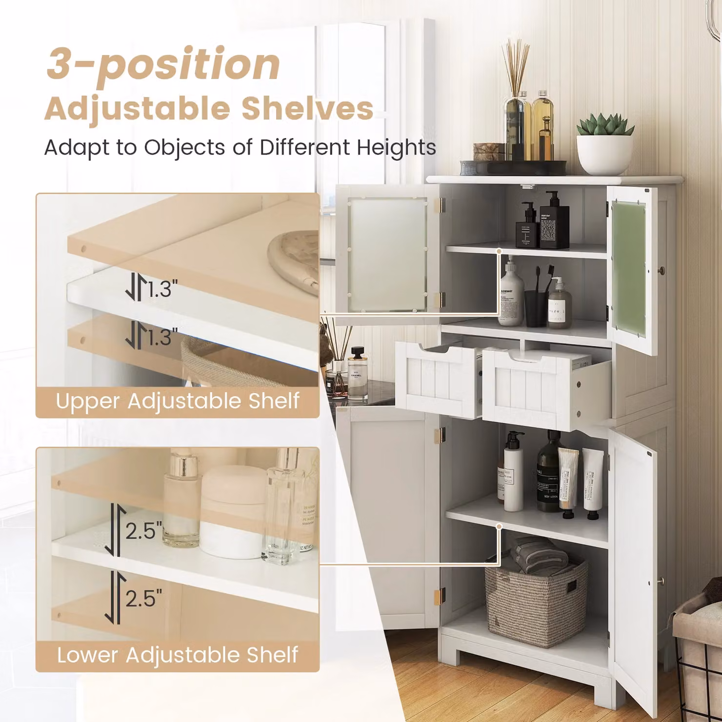 Costway Tall Freestanding Wood Bathroom Storage Cabinet in White – 3