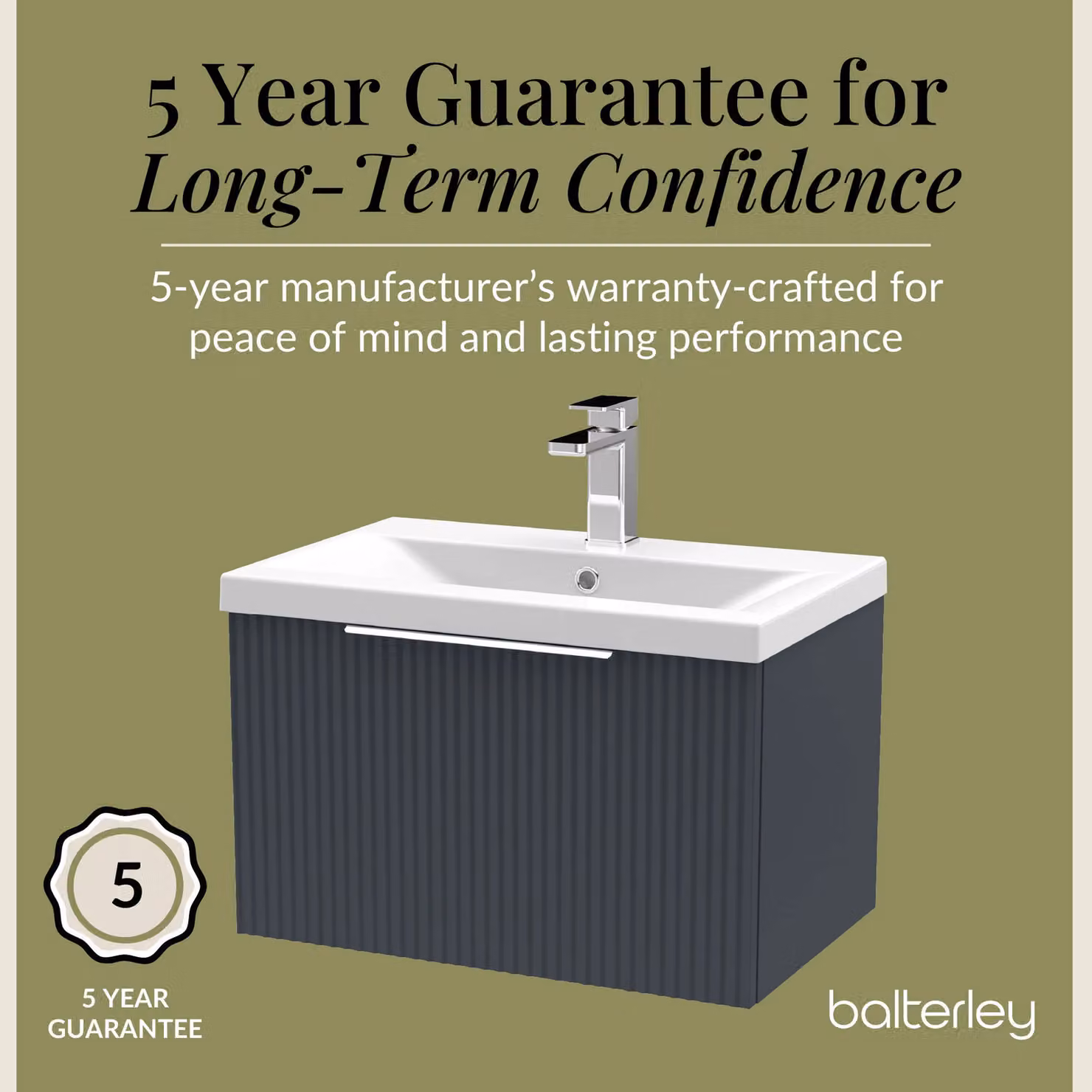 Balterley Fluted Wall Hung 1 Drawer Vanity Basin Unit and Basin, Dark Grey, Width: 600 mm – 5