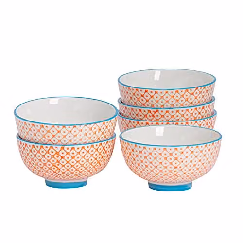 Nicola Spring Floral Patterned Stoneware Rice Bowls, Orange, Pack of 6, Diameter: 12 cm – 1
