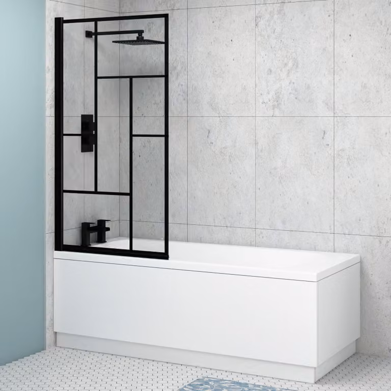 Royal Bathrooms Breeze Round Single Ended Acrylic Shower Bath with Black Abstract Grid Screen, White, W: 170 x D: 75 cm