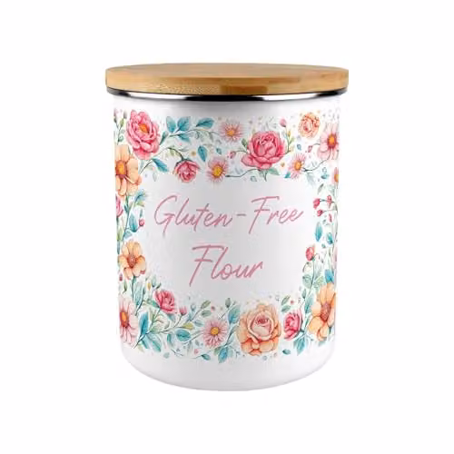 Purely Home Pink Roses Gluten-Free Flour Canister, Floral Enamel Kitchen Storage Tin, 2.7 l