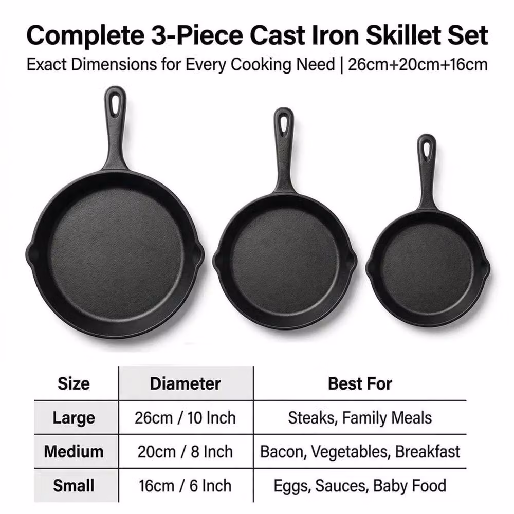 VOGREX 3 Pack Pre-Seasoned Cast Iron Grill Pan Cookware Set, Black – 2