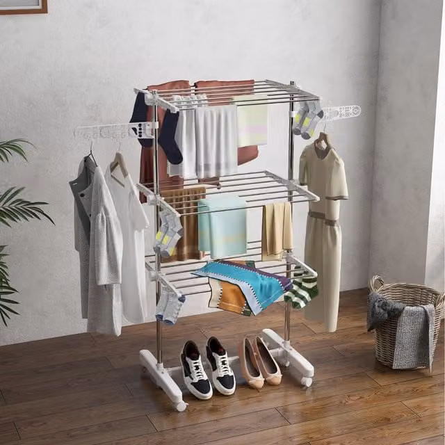 HOMCOM 3 Layer Folding Metal Cloth and Towel Hanger Stand in Silver
