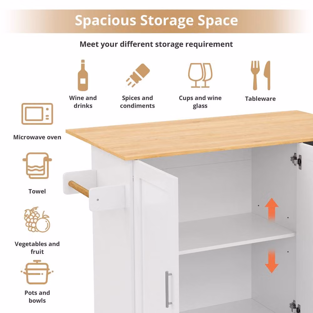 BTM Rolling Kitchen Island with Foldable Top, 3 Drawers and 2 Doors in White and Silver, H 90 x W 70 x D 70 cm – 2