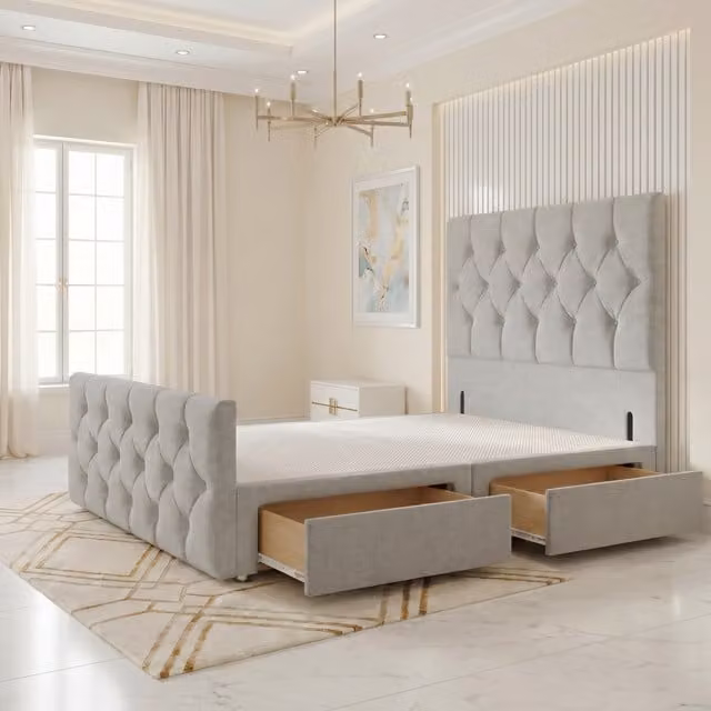 Somnior Beds Ltd Chesterfield Linen Divan Bed Base with Drawers, W/D/H: 140 x 200 x 34.5 cm, Sage Green