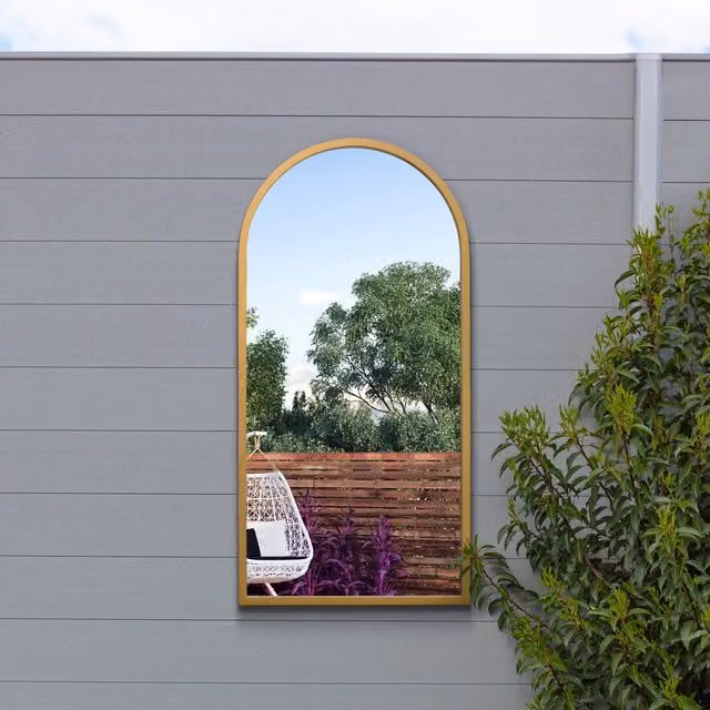 MirrorOutlet Arcus Metal Framed Arched Garden Wall Mirror in Gold, Width: 80 cm