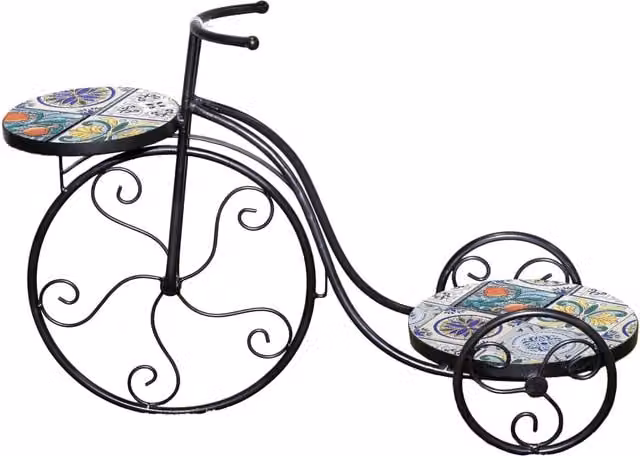 Shatchi Lisbon Mosaic Tricycle Planter with Multicolour Geometric Tile Seat and Black Metal Frame
