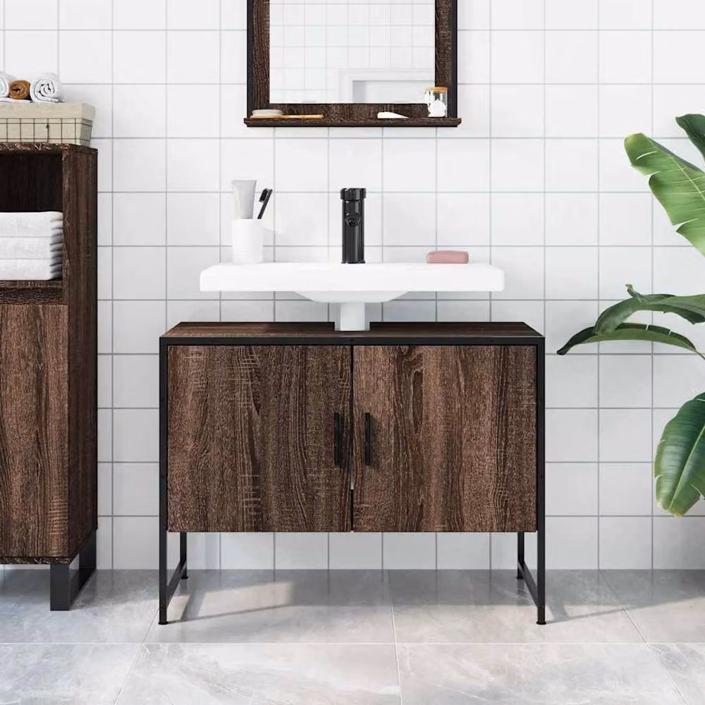Berkfield Home Brown Oak Wall Mounted Bathroom Sink Cabinet W: 80 cm, D: 33 cm, H: 60 cm – 3