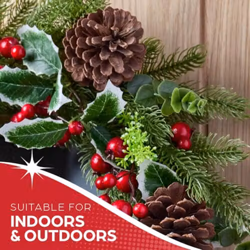 The Christmas Workshop Round Artificial Christmas Wreath with Red Baubles, Holly, Eucalyptus and Snowberries, Diameter: 45 cm – 3