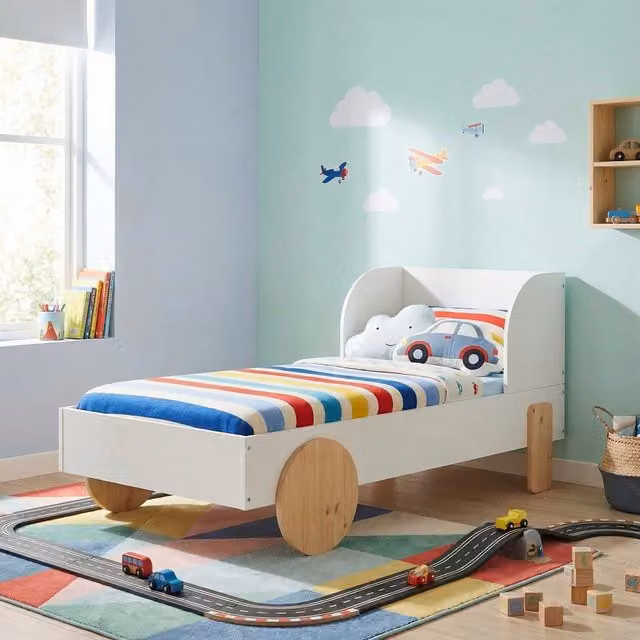 Noa and Nani Jonas Toddler Car Bed in White and Natural Pine
