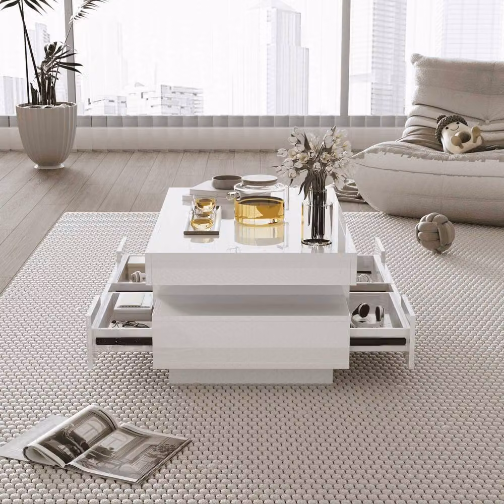 STILVORA Modern White Glossy Coffee Table with LED Light and 4 Drawers – 2