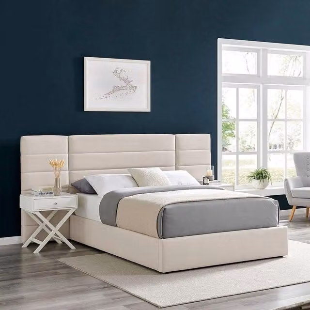 Modish Furnishing Amara King Size Ottoman Storage Bed with Wide Panel Fabric Headboard in Beige