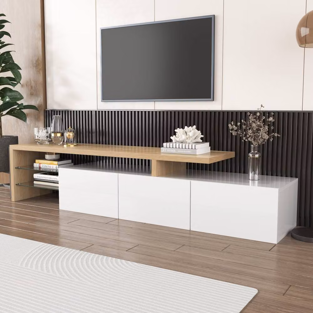 BTM High-Gloss White Modern TV Stand with LED Glass Shelves W/D/H: 192.5 x 42.8 x 39.0 cm – 2